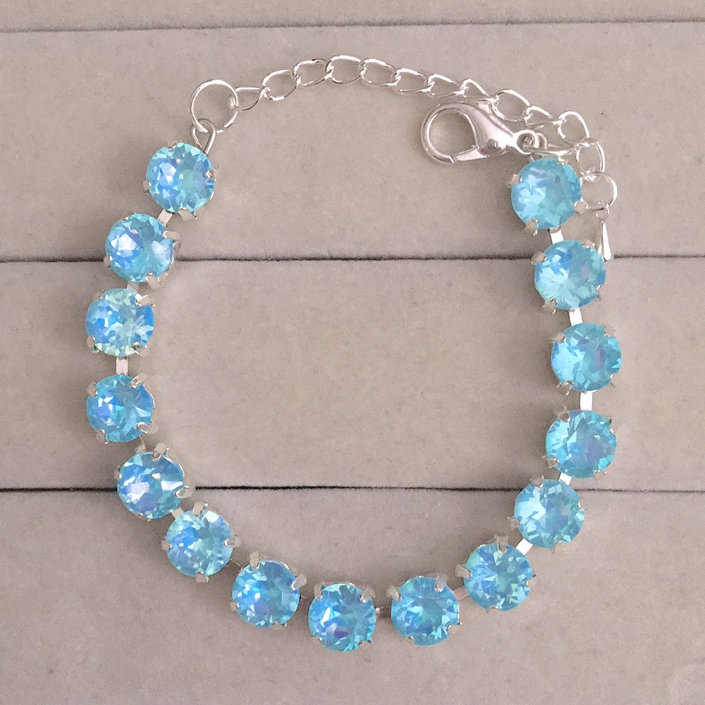 Aquamarine Opal Aurora Borealis + Silver Crystal Tennis Bracelet - Picture 4 of 9